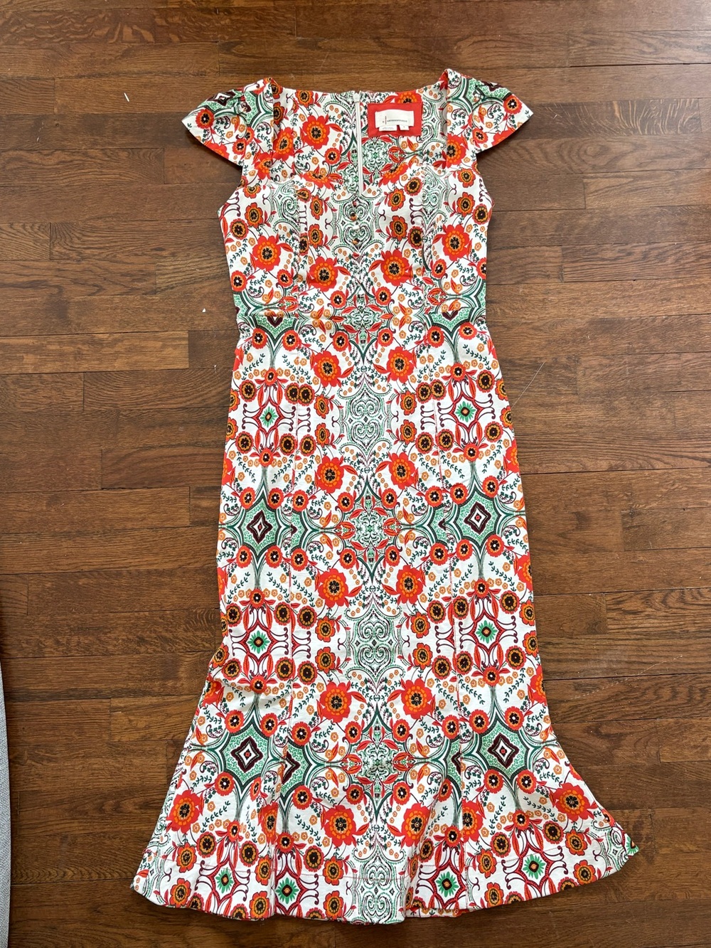 Anthropologie Orange & Green Floral Cap-Sleeve Maxi Dress